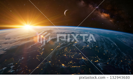Planet Earth with detailed relief and atmosphere. Blue space background with earth and galaxy. 132943680