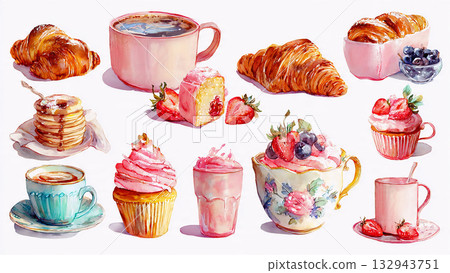 Collection set watercolor whimsical cozy retro bakery scene with cupcakes croissants strawberries and pastel coffee cups romantic feminine colorful style soft brush textures 132943751