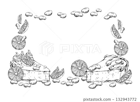 Chocolate syrup drizzled cheesecake, souffle torte slice with orange, candy bonbons, and cocoa bean dragees. Hand drawn in vector ink. Isolated corner frame for culinary stickers, food-themed packs. 132943772
