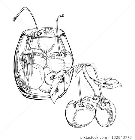 Sweet sour line cherry berries in glass, hand drawn vector ink, ripe cerise with leaves, stems. Composition illustration isolated on white. For restaurant, cafe dessert menu, wedding, farmers market 132943773