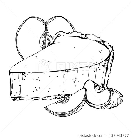 Vector ink slice of homemade peach tart, fruit pie, souffle torte with cut apple chunks. Hand drawn isolated dessert illustration. Summer pastry packaging, juice bar graphics, seasonal food products. Vector ink slice of homemade peach tart, fruit pie, souffle torte with cut apple chunks. Hand drawn isolated dessert illustration. Summer pastry packaging, juice bar graphics, seasonal food products. 132943777