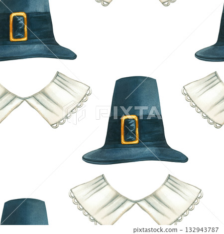 Seamless Thanksgiving watercolor pattern from pilgrim hat and collar. All objects are hand-painted in watercolor. Illustration suitable for wrapping paper, postcard, holiday packaging design. Seamless Thanksgiving watercolor pattern from pilgrim hat and collar. All objects are hand-painted in watercolor. Illustration suitable for wrapping paper, postcard, holiday packaging design. 132943787