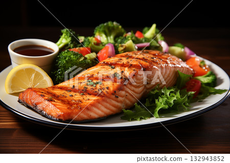 plate of grilled salmon steak with vegetables 132943852