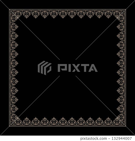 Square gold on black ornament frame.  Lace ornament. Decorative frame. Detail and element for design and postcards, Sandblasting, ceramic, patchwork, Borders and frames 132944007