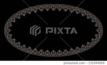 Luxury oval vintage frame. Gold oval plate with floral design. Floral golden border. Oval european pattern frame arabesque. Pattern frame for oval surface, textile, embroidery, ceramic, porcelain 132944009