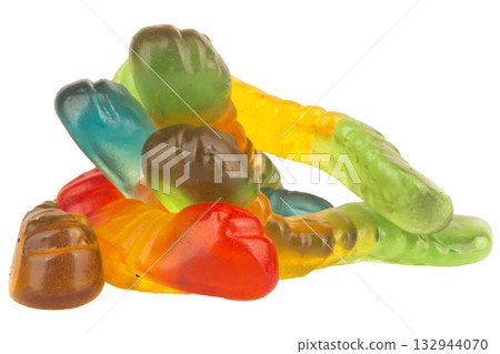 Pile of Colorful Gummy Worms Candies Isolated on White Background 132944070