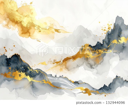 A beautiful Japanese-style abstract art background with an elegant gradation of gold and gray 132944096
