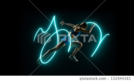 Female athlete sprinting surrounded by light motion lines symbolizing strength 132944161