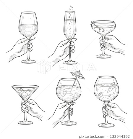 Hands with wine, champagne glass, cocktails drawings for wedding invitations, menus and parties. Doodle art template. Clipart vintage ink doodle sketch style 132944392