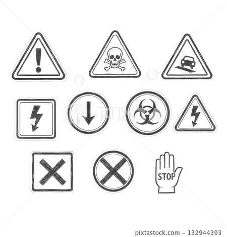 Doodle attention sign icon set. Hand drawn caution signs, warning marks and alert sketch symbols designed to exclamation sign, error or important attention icon doodle. illustration design. Doodle attention sign icon set. Hand drawn caution signs, warning marks and alert sketch symbols designed to exclamation sign, error or important attention icon doodle. illustration design. 132944393
