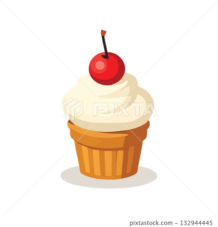 Cupcake with white cream frosting and cherry 132944445