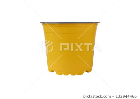 Bright yellow flower pot isolated on white. Plastic garden container 132944466