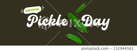 National Pickle day horizontal banner design template with text and pickled cucumbers isolated on grey geometric pattern background. Pickle day flyer. 14 november national day of pickled cucumber 132944561