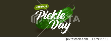 National Pickle day horizontal banner design template with text and pickled cucumbers isolated on grey geometric pattern background. Pickle day flyer. 14 november national day of pickled cucumber 132944562