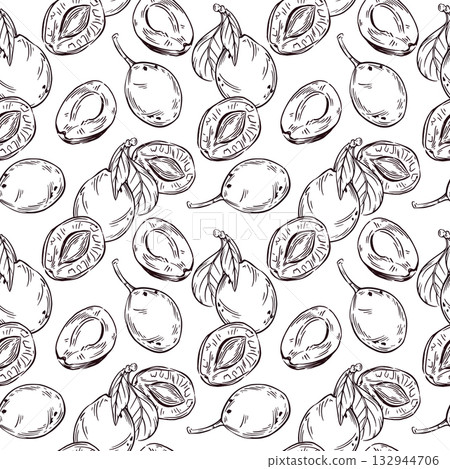Seamless vector pattern of plums, half plums and prunes. All objects are hand-drawn in ink and converted into vector. The pattern is suitable for kitchen textile design, printing on paper and fabric. 132944706