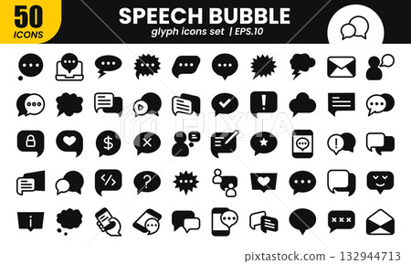 Speech bubble glyph icons set.Web glyph line icons collection related chat,message, speaking, talking, discussion. 132944713