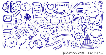 Hand Drawn Blue Doodle Ideas Thinking and Knowledge and Business Icon Collection. Hand Drawn Blue Doodle Ideas Thinking and Knowledge and Business Icon Collection. 132944732