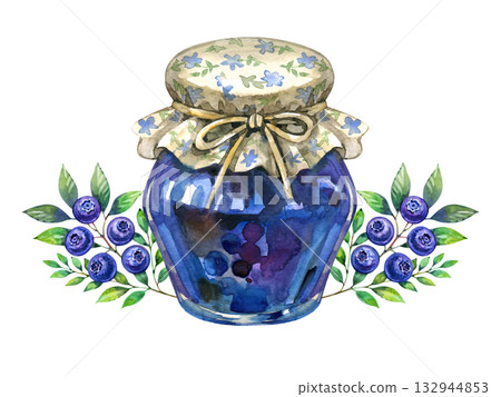 Hand-painted watercolor jar of blueberry jam tied with a bow and decorated with flowers, surrounded by ripe berries and green leaves. Ideal for product branding, stickers, and prints. 132944853