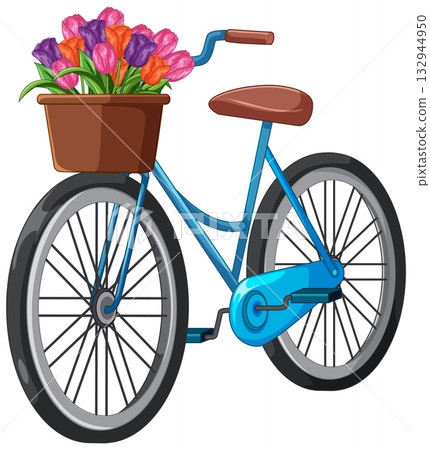 Blue Bicycle with Basket of Colorful Tulips Illustration Blue Bicycle with Basket of Colorful Tulips Illustration 132944950