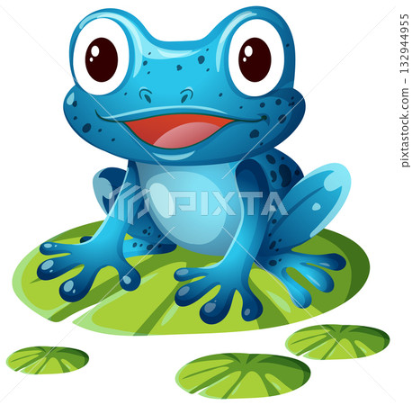 Smiling Blue Frog Sitting on Lily Pad Illustration Smiling Blue Frog Sitting on Lily Pad Illustration 132944955