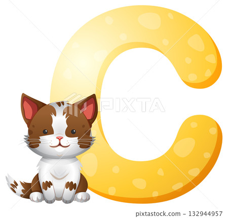 Cartoon Cat Sitting Beside Large Yellow Letter C 132944957