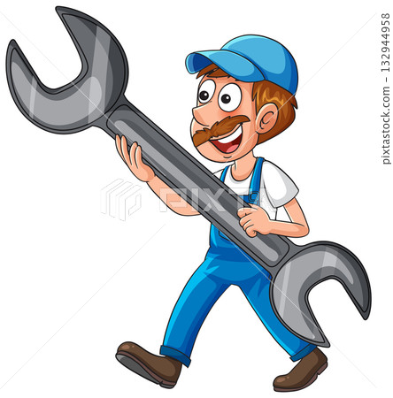 Cartoon Mechanic Carrying Large Wrench in Overalls 132944958