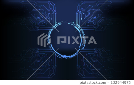 Digital circuit design with glowing blue elements on a dark background 132944975