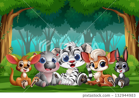 Cute Baby Jungle Animals Sitting Together in Forest Cute Baby Jungle Animals Sitting Together in Forest 132944983