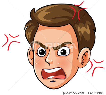 Angry Young Man Cartoon Face with Brown Hair 132944988