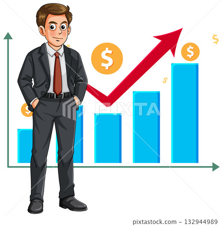 Businessman Standing by Financial Growth Bar Chart Illustration 132944989