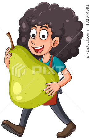 Cartoon Grocer Carrying Oversized Pear with Smile 132944991