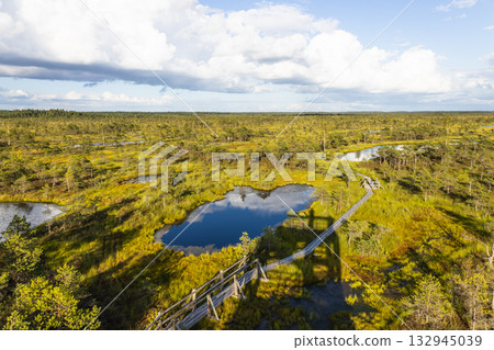 Aerial boardwalk over Kemeri Bog lakes, Latvian peatland in Kemeri National Park Aerial boardwalk over Kemeri Bog lakes, Latvian peatland in Kemeri National Park 132945039