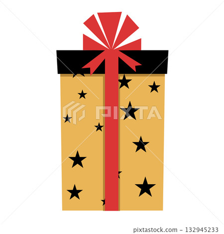 Festive gift for Christmas or birthday. Orange present. Cute flat-style gift box. Cozy illustration for cards, posters, wrapping, scrapbooking, patterns. 132945233