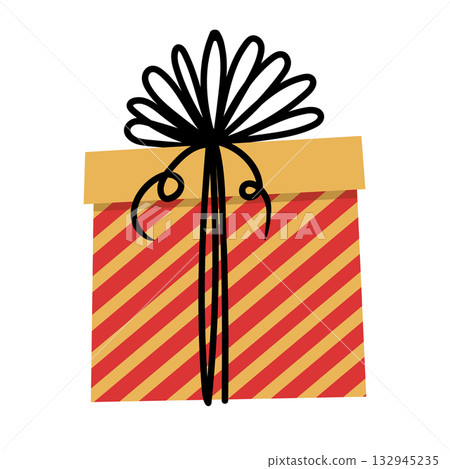 Festive gift for Christmas or birthday. Present in red and orange. Cute gift box in flat style. Cozy illustration for cards, posters, wrapping, scrapbooking, patterns. 132945235
