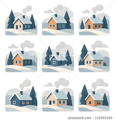 Set of nine cozy winter cabin icons in snowy landscapes, minimal flat style with pine trees 132945260