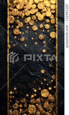 Luxury black stone background with gold glitter circles and glowing particles. Luxury black stone background with gold glitter circles and glowing particles. 132945267