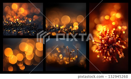 Macro bokeh collage with glowing orange lights and dewdrops on dark backgrounds 132945268