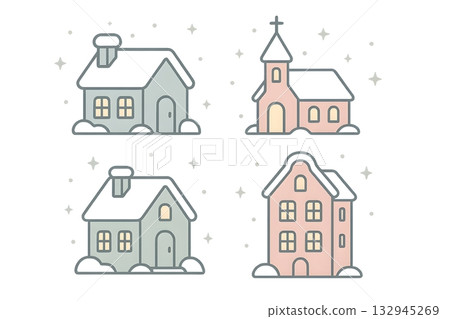 Pastel set of cozy winter houses and a small church with snow and stars. Pastel set of cozy winter houses and a small church with snow and stars. 132945269