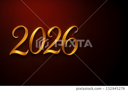 Elegant golden 2026 numerals on a dark red gradient with soft glow and subtle glitter. 132945276