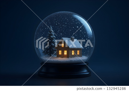 Snow globe with cozy wooden cabin and pine tree, falling snow and glowing windows. 132945286