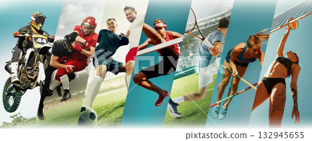 Sport composition showing athletes in motion with vivid stadium lighting Sport composition showing athletes in motion with vivid stadium lighting 132945655