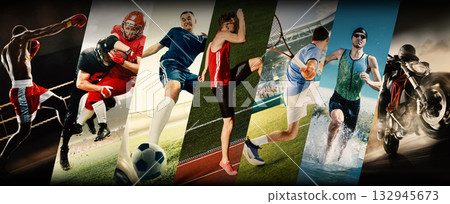 Dynamic sports collage showing athletes in action across multiple disciplines 132945673