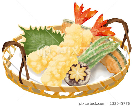一幅逼真的天婦羅盛放在漏杓中的插圖 132945776