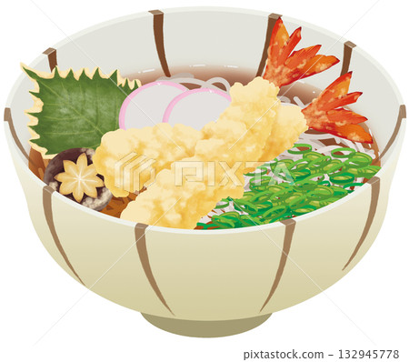 逼真的蝦天婦羅蕎麥麵插圖 逼真的蝦天婦羅蕎麥麵插圖 132945778