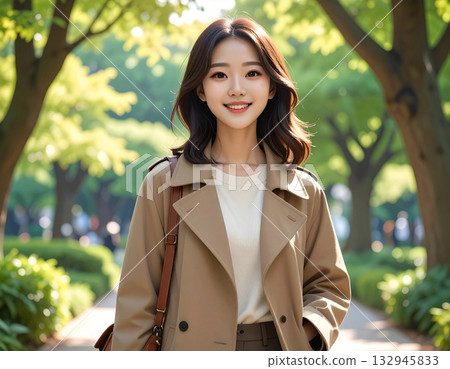 A woman wearing a coat standing in a park 132945833
