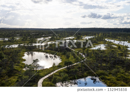 Drone panorama of Kemeri Bog boardwalk and pools, Jurmala, Latvia's raised peatland 132945838