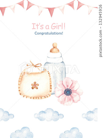 Watercolor baby shower invitation, card template for a girl with milk bottle, bib, and pink bunting border in vintage style. Ideal for newborn celebration, gender birth party, its a girl card. 132945916