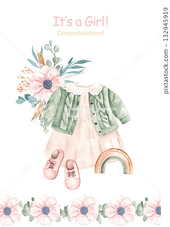 Watercolor baby shower invitation for a girl with cute dress, wooden toy, shoes and floral bouquet. Hand drawn card template. Ideal for newborn celebration or baby announcement, gender reveal party. Watercolor baby shower invitation for a girl with cute dress, wooden toy, shoes and floral bouquet. Hand drawn card template. Ideal for newborn celebration or baby announcement, gender reveal party. 132945919
