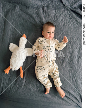 Adorable baby in animal onesie with plush goose 132946051