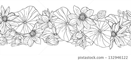 Blooming lotus flowers among leaves horizontal seamless isolated banner. Vector Water lily line art black ink pattern. Floral monochrome ornate for package, celebration decor, textile Blooming lotus flowers among leaves horizontal seamless isolated banner. Vector Water lily line art black ink pattern. Floral monochrome ornate for package, celebration decor, textile 132946122
